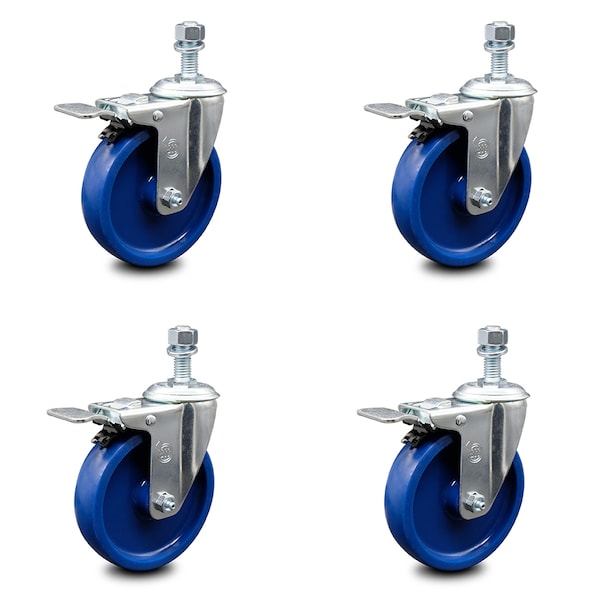 5 Inch Solid Polyurethane Swivel 12mm Stem Caster Set with Total Lock Brake